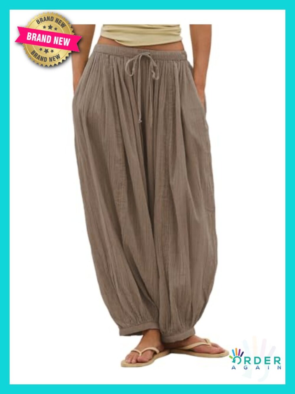 Linen Blend Drawstring Balloon Pants with Pockets